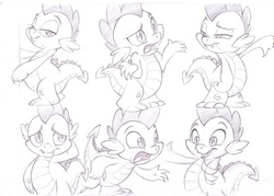 Size: 579x415 | Tagged: safe, artist:sherwoodwhisper, spike, facial expressions, male, monochrome, sketch, sketch dump, solo, traditional art