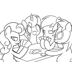 Size: 1400x1200 | Tagged: safe, artist:solar-slash, carrot top, dj pon-3, golden harvest, minuette, roseluck, vinyl scratch, earth pony, pony, unicorn, g4, card, lineart, monochrome, poker, table