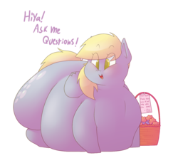Size: 1200x1100 | Tagged: safe, artist:secretgoombaman12345, derpy hooves, pegasus, pony, ask chubby diamond, g4, aderpose, basket, blushing, butt, fat, female, impossibly large butt, mare, morbidly obese, muffin, obese, plot, simple background, smiling, solo, transparent background
