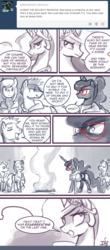 Size: 550x1245 | Tagged: safe, artist:johnjoseco, princess celestia, princess luna, alicorn, pony, ask princess molestia, gamer luna, princess molestia, g4, clothes, comic, glasses, jacket, smoke, tumblr