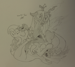 Size: 919x819 | Tagged: safe, artist:dek, queen chrysalis, twilight sparkle, g4, :p, consentacles, eyes closed, female, lesbian, petting, ship:twisalis, shipping, smiling, tentacles, tongue out, traditional art, twilight cat