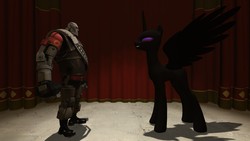 Size: 1366x768 | Tagged: safe, alicorn, enderman, enderpony, pony, robot, 3d, crossover, endermane, endermare, gmod, heavy weapons guy, minecraft, ponified, rule 63, stage, team fortress 2