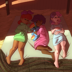 Size: 5000x5000 | Tagged: safe, artist:kevinsano, apple bloom, rainbow dash, scootaloo, sweetie belle, human, g4, barefoot, barn, blanket, bottomless, breasts, clothes, cutie mark crusaders, dark, dark skin, delicious flat chest, diversity, eyes closed, feet, female, flatie belle, hay, hug, humanized, light skin, moderate dark skin, nightgown, on back, on side, open mouth, plushie, sleeping, sweater dress, trio, young