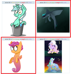 Size: 544x570 | Tagged: safe, lyra heartstrings, scootaloo, oc, manta ray, sea pony, g4, bucket, chicken of the sea, exploitable meme, juxtaposition, juxtaposition win, meme, ocean, race swap, species swap