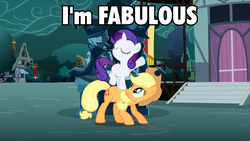 Size: 960x540 | Tagged: safe, edit, edited screencap, screencap, applejack, rarity, sweetie belle, earth pony, pony, unicorn, g4, magic duel, caption, disguise, female, filly, mare, ponies riding ponies, raritie belle, rarity riding applejack, riding