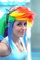 Size: 683x1024 | Tagged: safe, artist:scruffyrebel, rainbow dash, human, g4, cosplay, irl, irl human, multicolored hair, photo, rainbow hair, solo