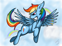 Size: 2160x1603 | Tagged: safe, artist:silver1kunai, rainbow dash, g4, female, flying, grin, piercing, rainbow, solo