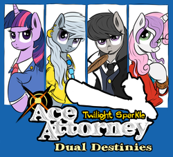 Size: 1000x911 | Tagged: safe, artist:tiki2, artist:xioade, octavia melody, silver spoon, sweetie belle, twilight sparkle, pony, g4, ace attorney, apollo justice, athena cykes, clothes, feather, older, parody, phoenix wright, simon blackquill