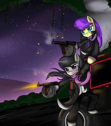 Size: 3100x3500 | Tagged: safe, artist:cyanaeolin, octavia melody, symphony song, earth pony, semi-anthro, g4, car, clothes, duo, duo female, female, gun, mafia, mafia octavia, submachinegun, tommy gun