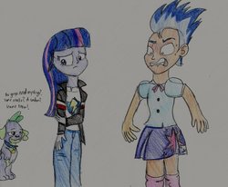 Size: 1024x844 | Tagged: safe, artist:sketch-shepherd, flash sentry, spike, twilight sparkle, dog, equestria girls, g4, clothes, clothes swap, crossdressing, girly sentry, humiliation, lip bite, spike the dog, text, trio