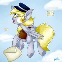 Size: 2000x2000 | Tagged: safe, artist:shyshyoctavia, derpy hooves, pegasus, pony, g4, female, hat, mail, mare, saddle bag, solo