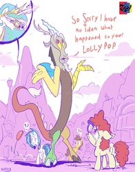 Size: 1696x2168 | Tagged: safe, artist:jowyb, caramel, discord, dj pon-3, princess celestia, screwball, twist, vinyl scratch, g4, binoculars, chaos, crying, dialogue, discord being discord, lollipop, observer, prank, teasing