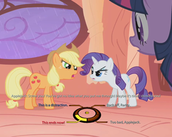 Size: 750x600 | Tagged: safe, edit, edited screencap, screencap, applejack, rarity, twilight sparkle, g4, look before you sleep, dialogue wheel, golden oaks library, jack, mass effect, miranda lawson, parody