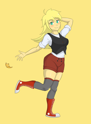Size: 2500x3400 | Tagged: safe, artist:janji009, oc, oc only, oc:ticket, human, clothes, humanized, light skin, pants, simple background, socks, solo, thigh highs, thigh socks