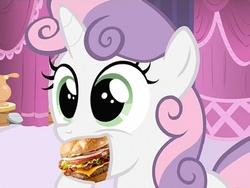 Size: 500x375 | Tagged: safe, edit, edited screencap, screencap, sweetie belle, pony, unicorn, g4, burger, eating, female, filly, food, hamburger, hoof hold, ponies eating meat, smiling, solo, sweetieburger, wat