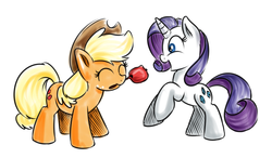 Size: 900x526 | Tagged: safe, artist:xioade, applejack, rarity, g4, apple, candy apple, female, filly, lesbian, ship:rarijack, shipping