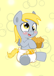 Size: 883x1248 | Tagged: safe, artist:artiecanvas, derpy hooves, pony, g4, artiecanvas is trying to murder us, baby, baby pony, blushing, cute, cutie mark diapers, derpabetes, diaper, female, filly, filly derpy, filly derpy hooves, foal, muffin, poofy diaper, solo, younger