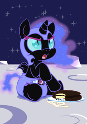 Size: 883x1248 | Tagged: safe, artist:artiecanvas, nightmare moon, alicorn, pony, g4, baby, baby pony, blue diaper, cake, cute, diaper, female, filly, foal, food, moon, moon pie, nightmare woon, poofy diaper, solo