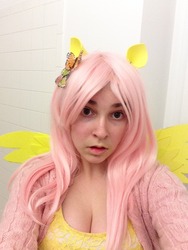 Size: 960x1280 | Tagged: safe, artist:lochlan o'neil, fluttershy, human, g4, cleavage, clothes, cosplay, female, irl, irl human, photo, solo, sweater, sweatershy