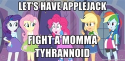 Size: 500x243 | Tagged: safe, edit, edited screencap, screencap, applejack, fluttershy, pinkie pie, rainbow dash, rarity, equestria girls, g4, my little pony equestria girls, image macro, meme, pinkie has a crazy idea, ratchet and clank