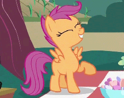 Size: 484x384 | Tagged: safe, screencap, scootaloo, pony, g4, hearts and hooves day (episode), animated, blank flank, cropped, cute, cutealoo, dancing, eyes closed, female, filly, foal, hearts and hooves day, loop, raised hoof, solo, spread wings, talking