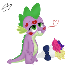 Size: 1024x962 | Tagged: safe, artist:shiverbear, spike, dragon, g4, bouquet, female, heart, kiss mark, male, ship:sparity, shipping, simple background, solo, straight, transparent background