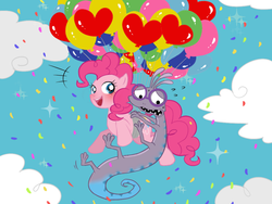 Size: 922x692 | Tagged: safe, artist:うめぐる, pinkie pie, g4, balloon, crossover, monsters inc., pixiv, randall (monsters inc.), then watch her balloons lift her up to the sky