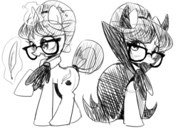 Size: 933x682 | Tagged: dead source, safe, artist:30clock, raven, g4, luna eclipsed, black and white, clothes, costume, devil horns, glasses, grayscale, magic, monochrome, nightmare night, sketch