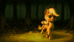 Size: 1920x1080 | Tagged: safe, artist:assasinmonkey, applejack, pony, timber wolf, g4, chest fluff, everfree forest, forest, solo focus