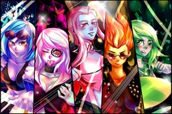 Size: 1920x1280 | Tagged: safe, artist:bakki, derpy hooves, dj pon-3, lyra heartstrings, spitfire, trixie, vinyl scratch, human, equestria girls, g4, band, bass guitar, clothes, drums, humanized, keyboard, musical instrument, pony coloring