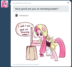 Size: 642x602 | Tagged: safe, pinkie pie, ask pinkamena diane pie, g4, butter, churning, clothes, female, solo, tumblr