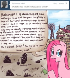 Size: 638x710 | Tagged: safe, pinkie pie, ask pinkamena diane pie, g4, dialogue, female, rock, rock farm, solo, tumblr, watering can