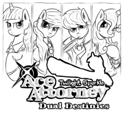 Size: 1000x911 | Tagged: safe, artist:xioade, octavia melody, silver spoon, sweetie belle, twilight sparkle, pony, g4, ace attorney, apollo justice, athena cykes, clothes, feather, logo, monochrome, parody, phoenix wright, simon blackquill