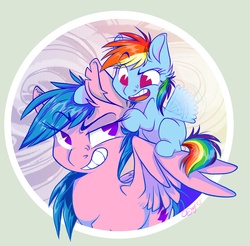 Size: 2424x2387 | Tagged: safe, artist:graystripe64, firefly, rainbow dash, pegasus, pony, g1, g4, buzzing wings, family, female, filly, firefly as rainbow dash's mom, foal, g1 to g4, generation leap, mare, mother, mother and child, mother and daughter, rainbow dash riding firefly, raised eyebrow, riding, wings, younger