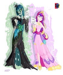 Size: 2480x2932 | Tagged: safe, artist:jowyb, princess cadance, queen chrysalis, human, g4, duality, humanized, light skin, sign