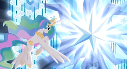 Size: 1913x1045 | Tagged: safe, princess celestia, tree of harmony, g4, princess twilight sparkle (episode), season 4, animation error, bruised, female, flying, solo