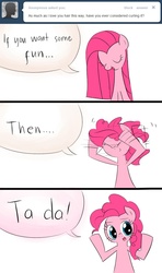 Size: 638x1075 | Tagged: safe, pinkie pie, ask pinkamena diane pie, g4, alternate hairstyle, ask, female, grooming, solo, tumblr