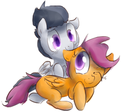 Size: 444x408 | Tagged: safe, artist:dotkwa, rumble, scootaloo, g4, cute, ear bite, female, horses doing horse things, lying, male, ship:rumbloo, shipping, smiling, straight