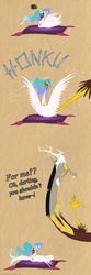 Size: 1473x4443 | Tagged: safe, artist:grievousfan, discord, princess celestia, bird, draconequus, goose, swan, g4, animal, annoyed, bad touch, butt touch, celestia is not amused, comic, discord being discord, egg, female, golden egg, gooselestia, gritted teeth, honk, literal butthurt, male, molestation, open mouth, oviposition, pain, personal space invasion, pillow, pouting, smiling, species swap, spread wings, swanlestia, this will end in pain, this will end in petrification, wide eyes