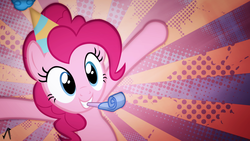 Size: 1920x1080 | Tagged: safe, artist:ctucks, artist:justaninnocentpony, pinkie pie, g4, female, hat, party hat, party horn, solo, vector, wallpaper