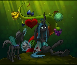 Size: 1061x900 | Tagged: safe, artist:merionic, queen chrysalis, changeling, changeling queen, g4, banana, changeling loves watermelon, commission, duo, female, food, fruit, grapes, hooves behind head, leaning back, sitting, super happy tree, super mario bros., watering can, watermelon, yoshi's story