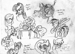 Size: 3305x2385 | Tagged: safe, artist:leadhooves, applejack, berry punch, berryshine, fluttershy, pinkie pie, princess celestia, princess luna, rainbow dash, rarity, twilight sparkle, g4, collar, leash, mane six, monochrome, sketch dump, table, wingboner