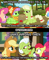 Size: 640x772 | Tagged: safe, edit, edited screencap, screencap, apple bloom, applejack, auntie applesauce, granny smith, earth pony, pony, g4, hanafuda, image macro, nintendo, wii u, young granny smith