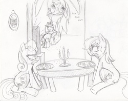 Size: 3000x2368 | Tagged: dead source, safe, artist:enigmaticfrustration, bon bon, derpy hooves, lyra heartstrings, roseluck, sweetie drops, earth pony, pegasus, pony, unicorn, g4, angry, bon bon is not amused, candle, eating, female, flower, food, frown, glare, grin, gritted teeth, lesbian, looking up, lyraderp, mare, meal, monochrome, muffin, nervous, nom, rosebon, shipping, sitting, sketch, smirk, spread wings, sweat, table, television, traditional art, upside down, wide eyes