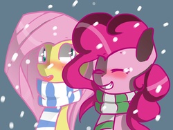 Size: 1024x768 | Tagged: safe, artist:onicka12, fluttershy, pinkie pie, g4, blushing, clothes, female, lesbian, scarf, ship:flutterpie, shipping, snow, snowfall