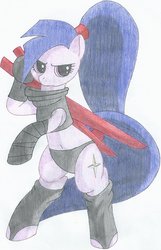 Size: 1024x1586 | Tagged: safe, artist:incredicassio, artist:kloudmutt, oc, oc only, pony, belly button, bipedal, colored pencil drawing, female, mare, midriff, ninja, ninjato, simple background, solo, traditional art, weapon, white background
