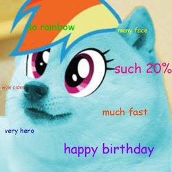 Size: 528x528 | Tagged: safe, rainbow dash, shiba inu, g4, 20% cooler, doge, female, happy birthday, meme, shibe, solo, wow