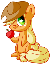 Size: 1000x1200 | Tagged: safe, artist:zoiby, applejack, g4, apple, female, hat, obligatory apple, one eye closed, simple background, sitting, solo, wink