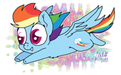 Size: 1024x632 | Tagged: safe, artist:natalistudios, rainbow dash, pegasus, pony, g4, chibi, female, flying, signature, simple background, smiling, solo, transparent background