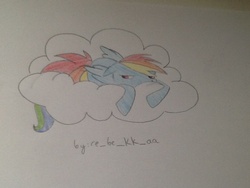 Size: 960x720 | Tagged: safe, rainbow dash, pegasus, pony, g4, cloud, simple background, traditional art, white background